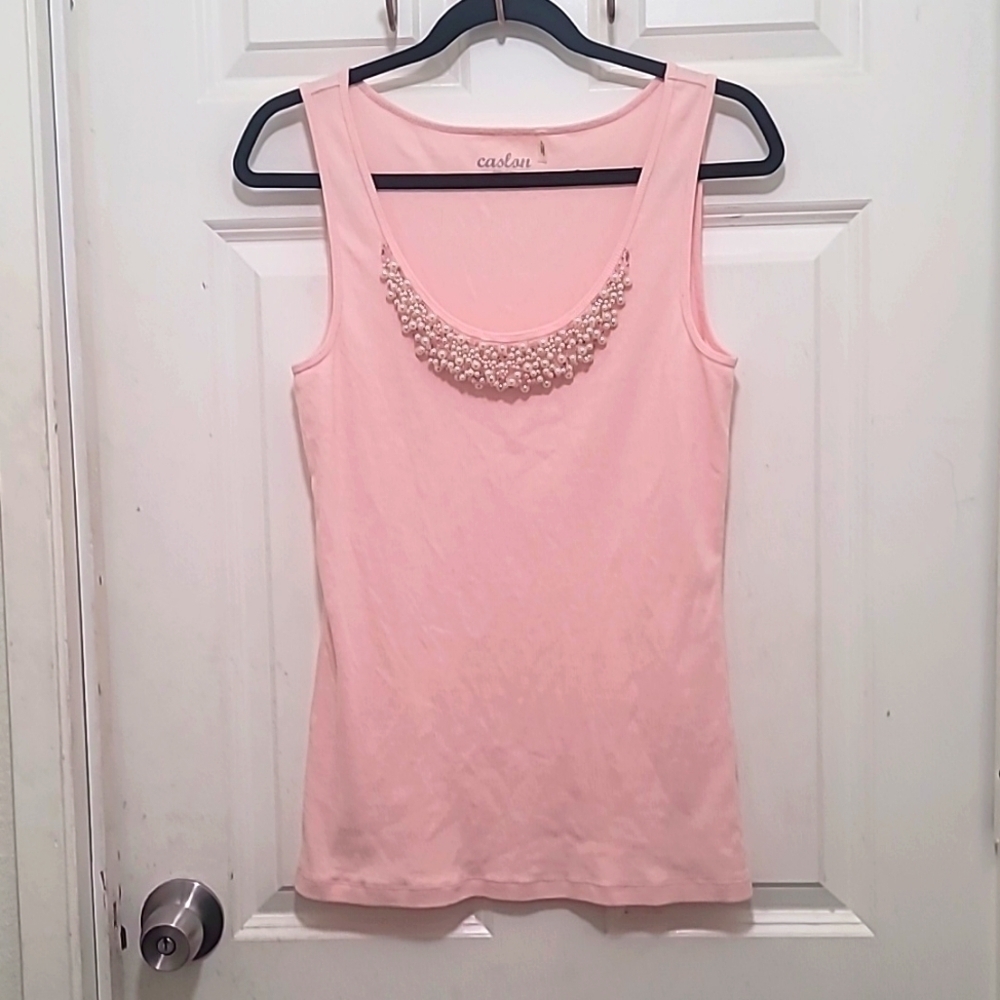 Caslon Pearl Embellished Tank Top Women's L‎ Pink Ribbed Fitted Tee Scoop Neck